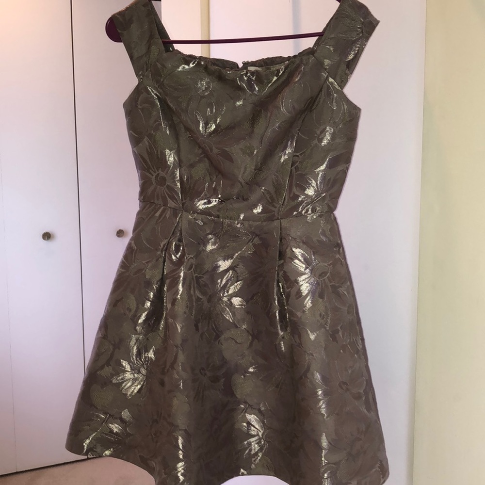 Off the shoulder, brown/gray mini dress.